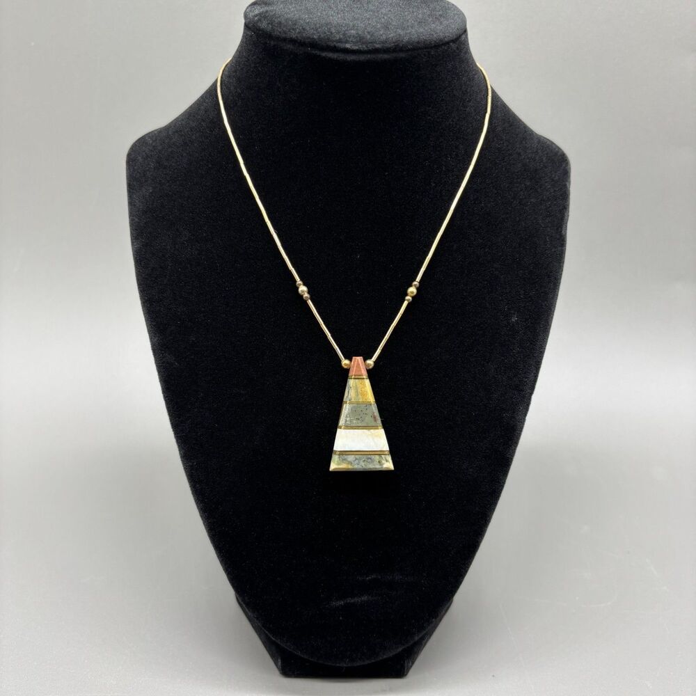 Vintage Stone Inlay Pendant Necklace Banded Onyx Southwest Style Triangle Gold